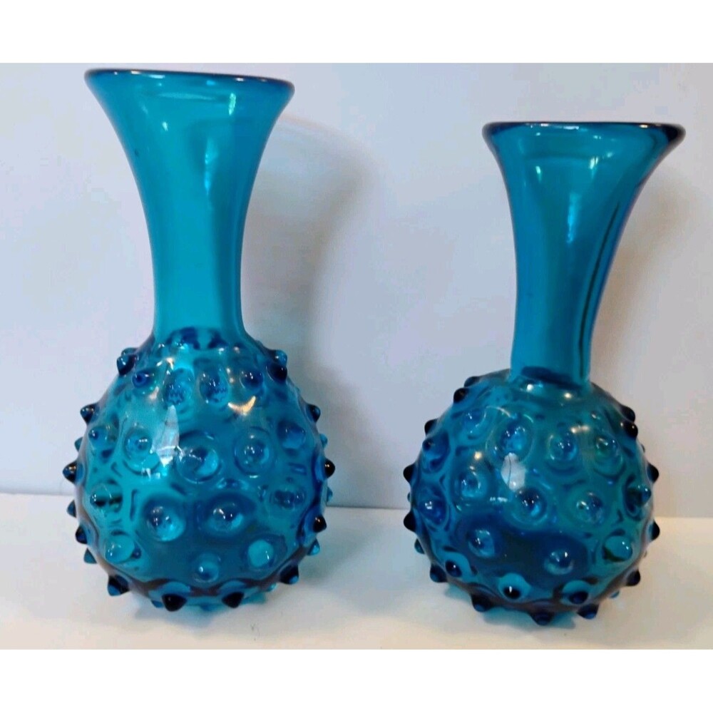 Vtg Pair Italian Empoli Aqua Blue Art Glass Spiky Hobnail Vases Hand Blown MCM